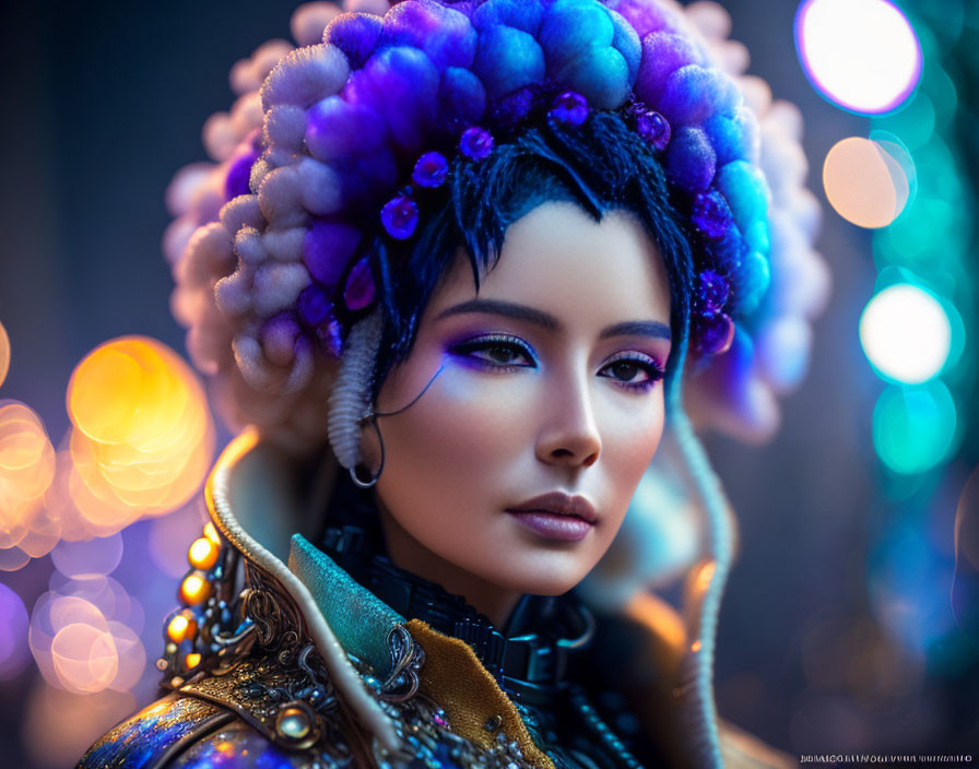 Elaborate Purple Headgear and Makeup Against Bokeh Light Background