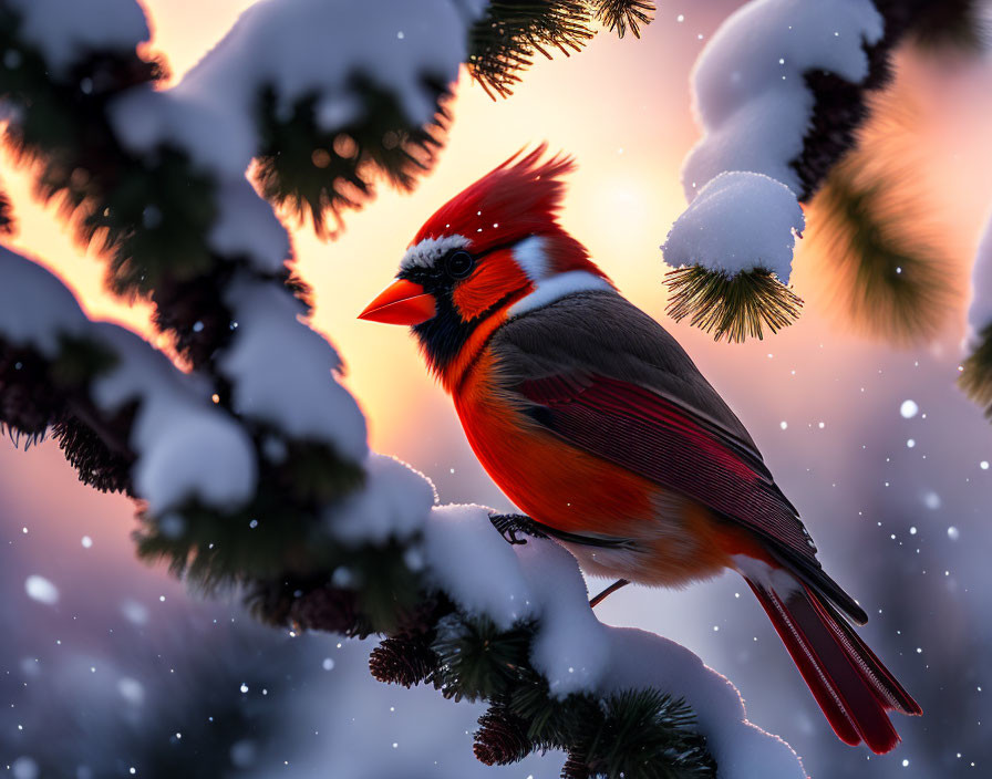 Red cardinal on snow-covered branch under sunset glow