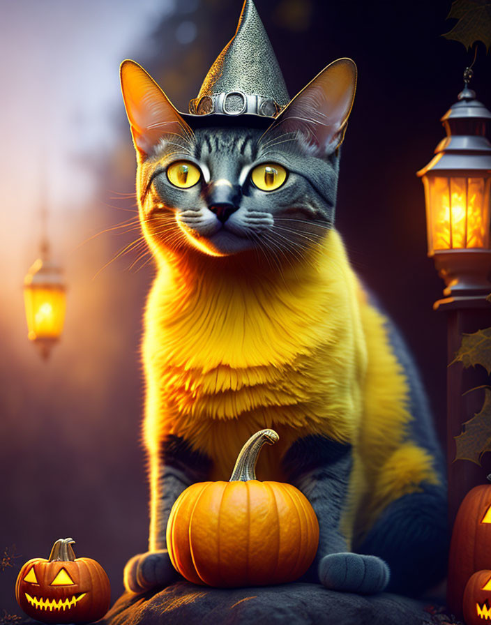 Cat with Witch's Hat Beside Pumpkin in Halloween Scene