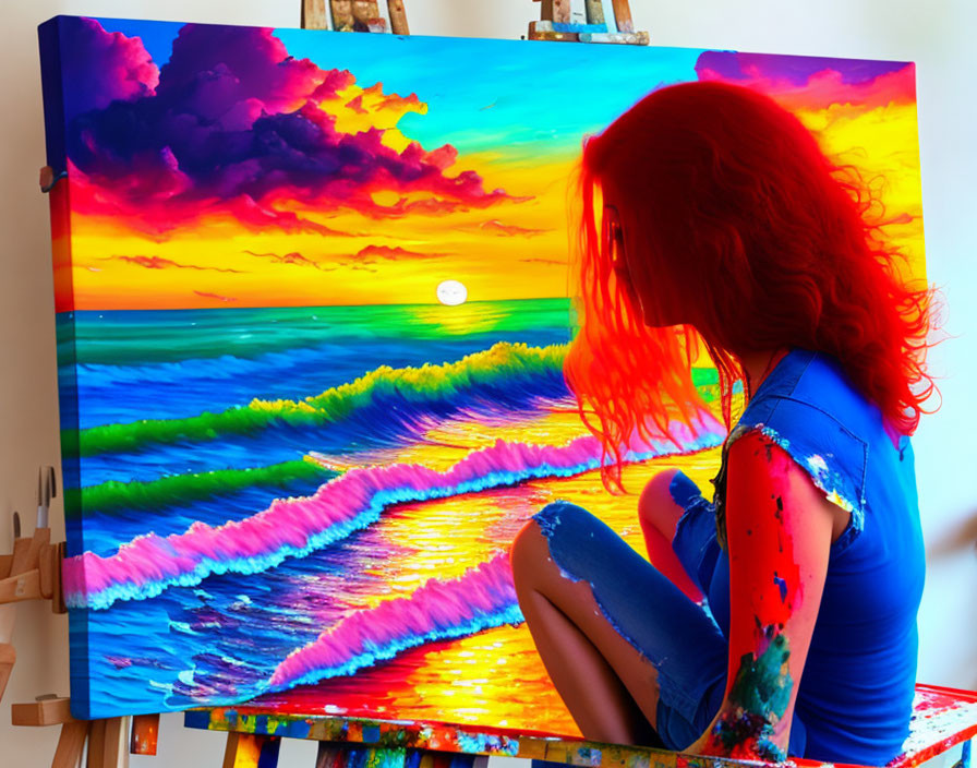 Red-haired woman admiring sunset painting amidst art supplies