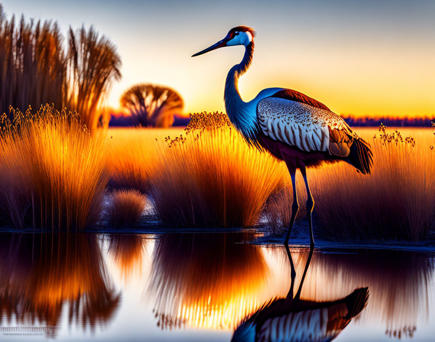 Tranquil lake sunset with crane reflection in vibrant orange and blue hues