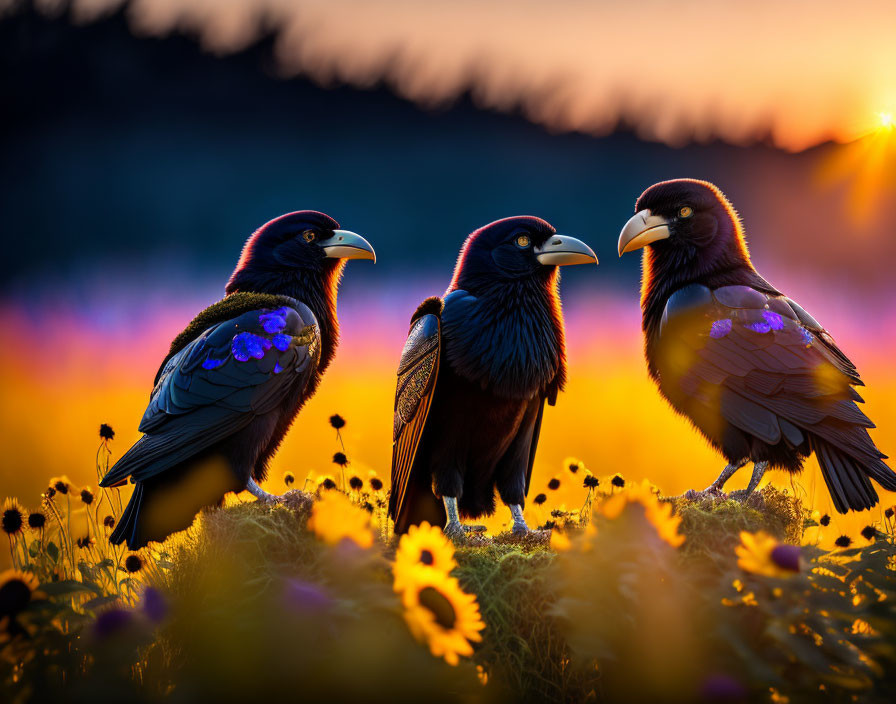 Colorful Meadow Sunset Scene with Three Starlings