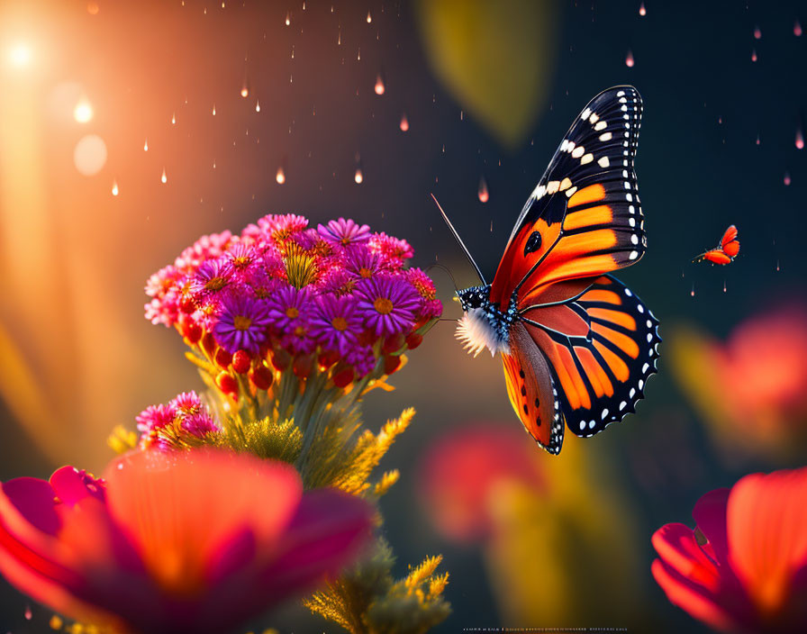 Monarch butterfly on pink flowers under golden sun with water droplets