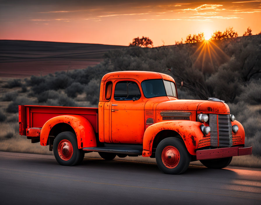 Vintage Orange Pickup Truck on Countryside Road at Sunset