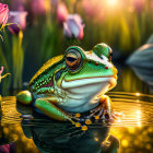 Vibrant frog on water lily with purple flowers in bokeh light