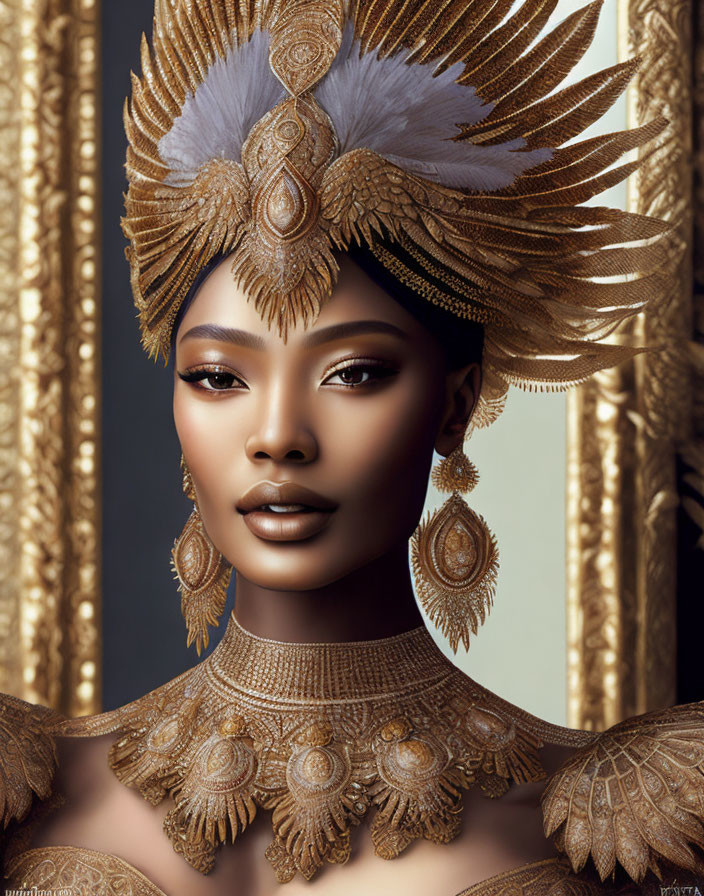 Regal woman with golden headdress and jewelry in ornate frames