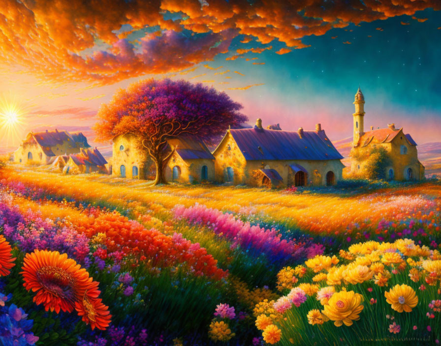 Colorful Flower Field and Sunset Sky Landscape Painting