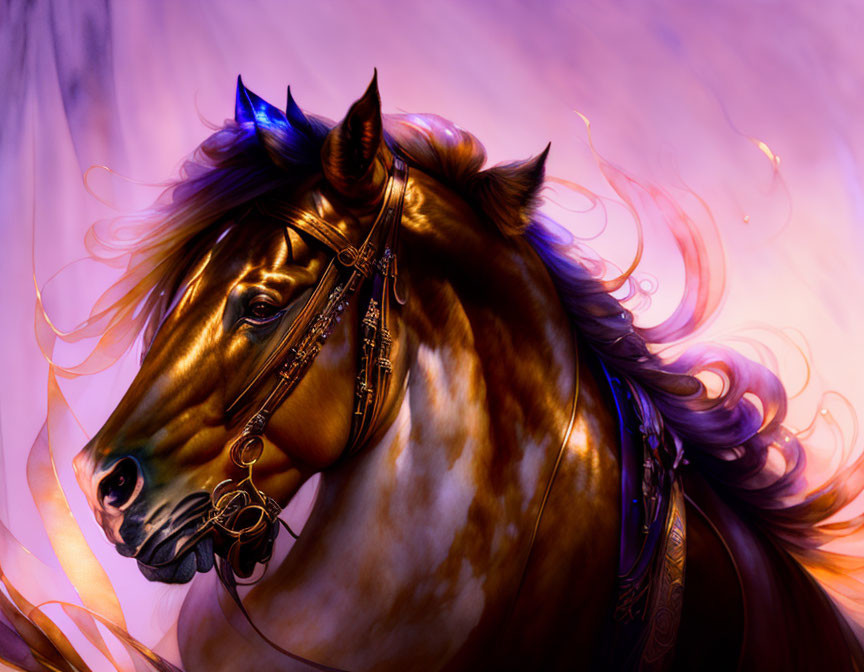 Brown horse with ornate bridle and flowing mane on purple-toned background