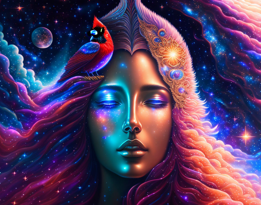 Illustration of woman with galaxy hair and cardinal on head in cosmic setting