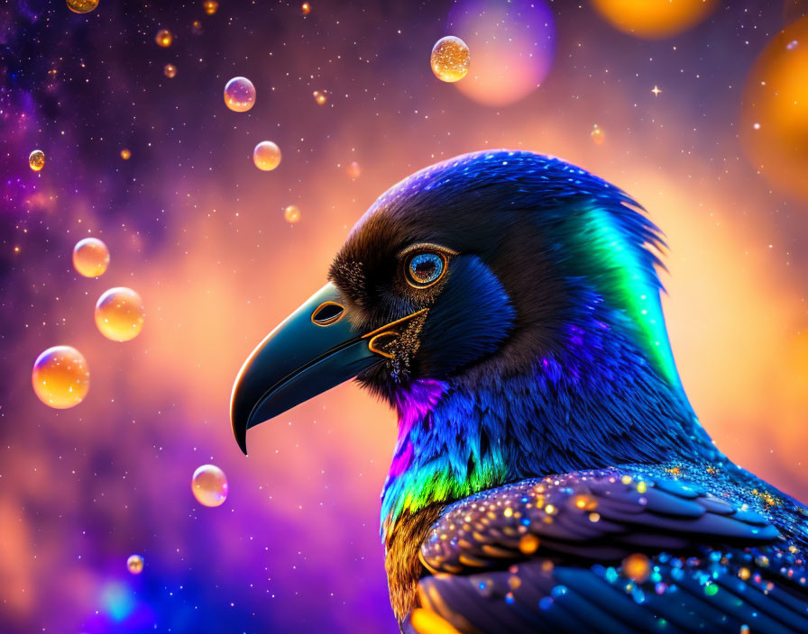 Colorful bird with golden eyes and dark beak on bokeh background