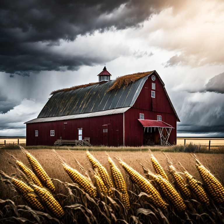 Red barn in golden cornfields under stormy sky