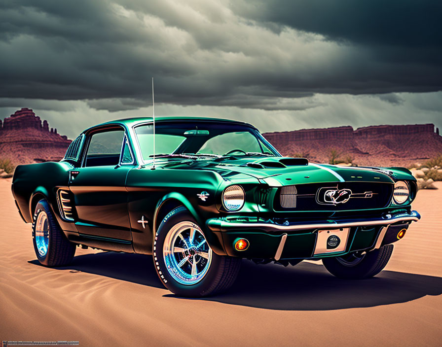 Vintage green Mustang in desert with stormy sky