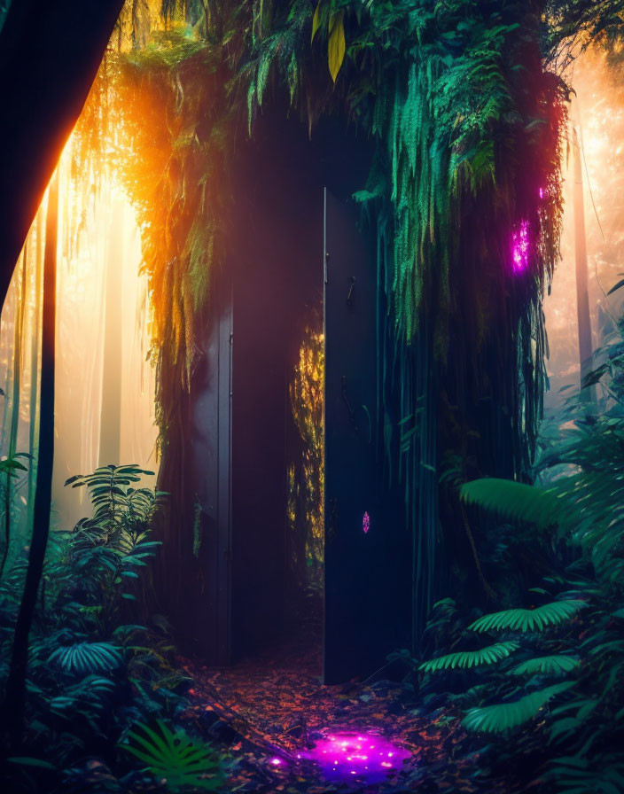 Mystical open door in foggy forest with purple lights.