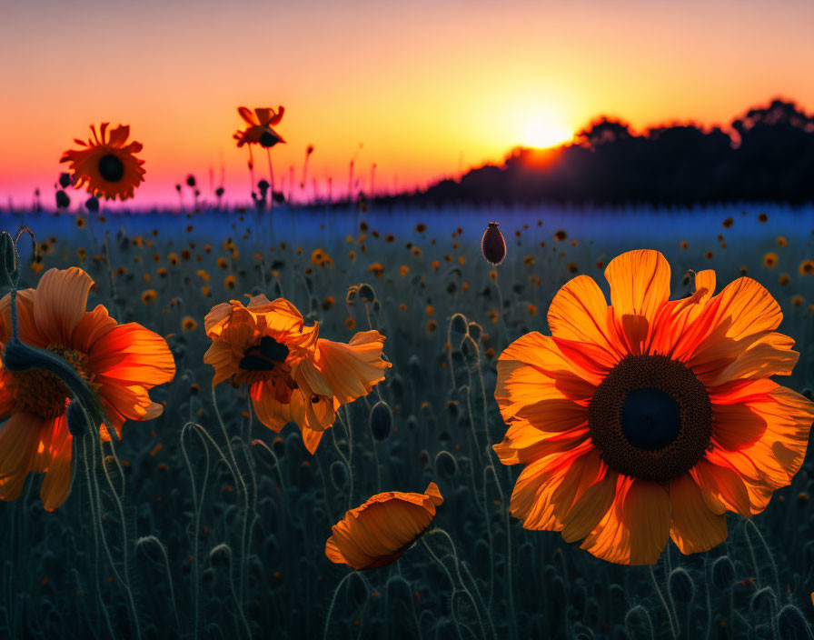 Sunflowers in field at sunset with orange petals against blue-orange sky