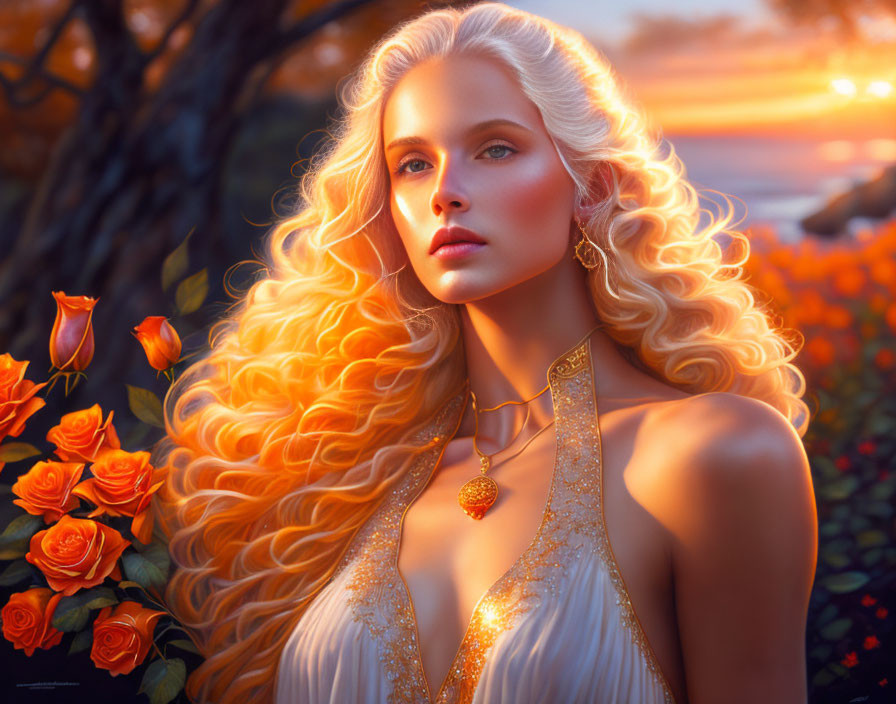 Blonde woman portrait in white and gold dress with sunset backdrop