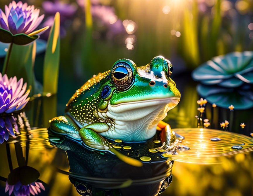 Vibrant frog on water lily with purple flowers in bokeh light