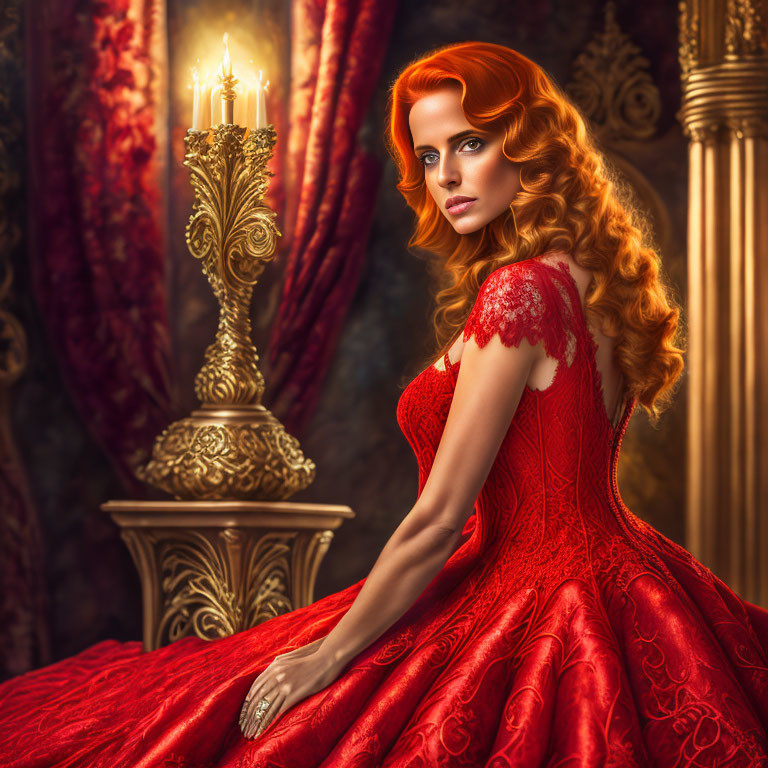 Red-haired woman in elegant dress seated in luxurious antique setting