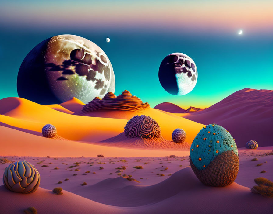 Surreal desert landscape with oversized spheres and three moons in twilight sky