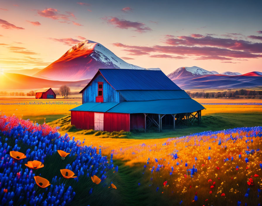 Vibrant wildflowers and red barn in scenic landscape with snowy mountains