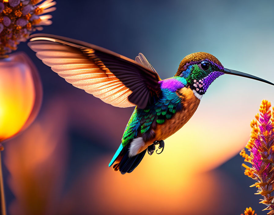 Colorful Hummingbird in Flight Near Orange Flowers on Blue Background