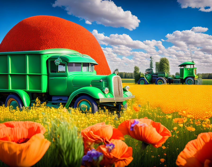 Vintage Green Truck in Field of Orange Poppies with Red Trees and Blue Sky