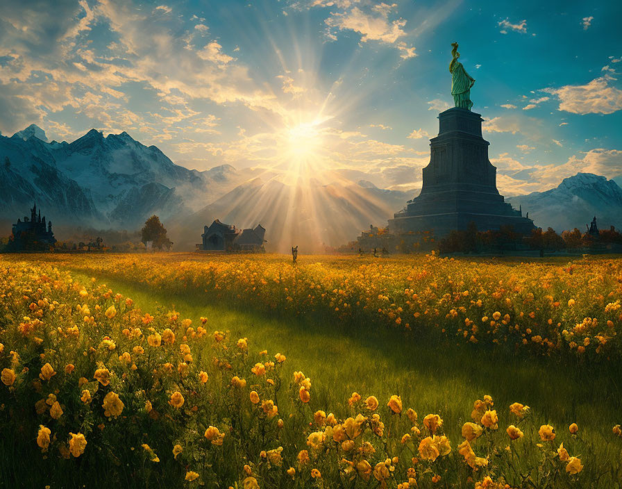 Yellow Flowers Field with Statue of Liberty and Mountains at Sunrise