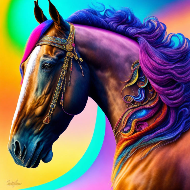 Colorful horse illustration with multicolored mane on rainbow background.