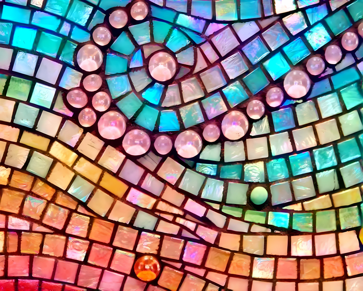 Blue to orange square glass tiles and pink marbles