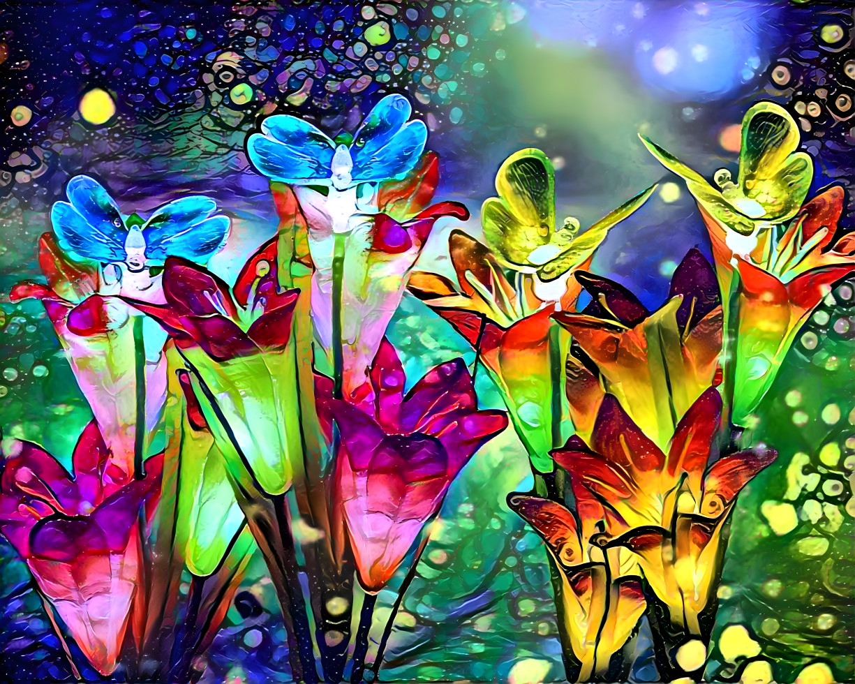 Crystalline lily flowers and butterflies