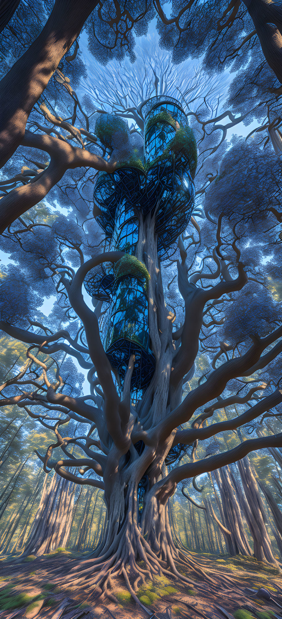 Intricate fantasy tree with spiral staircase in ethereal forest