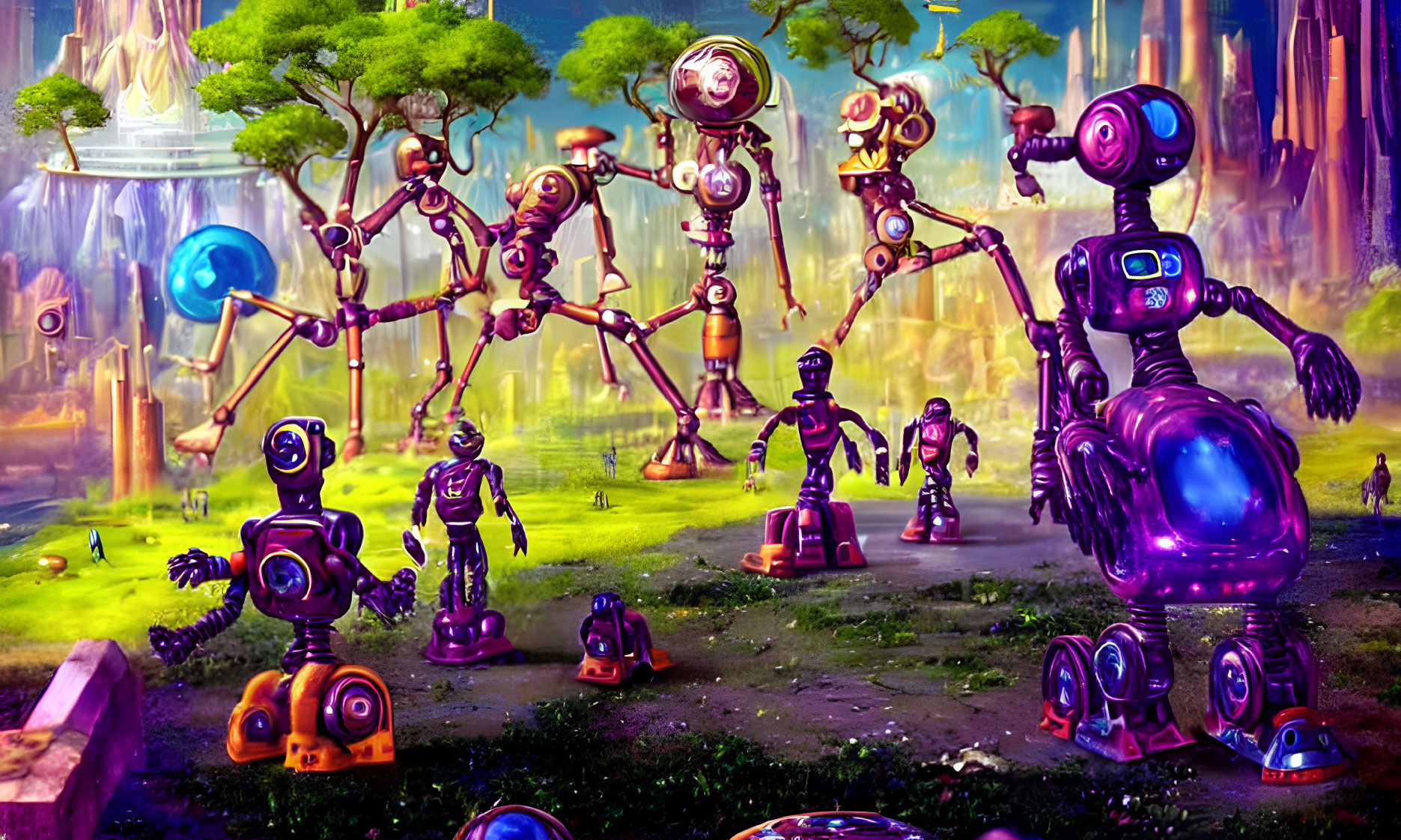 Vibrant Artwork of Whimsical Robots in Alien Landscape