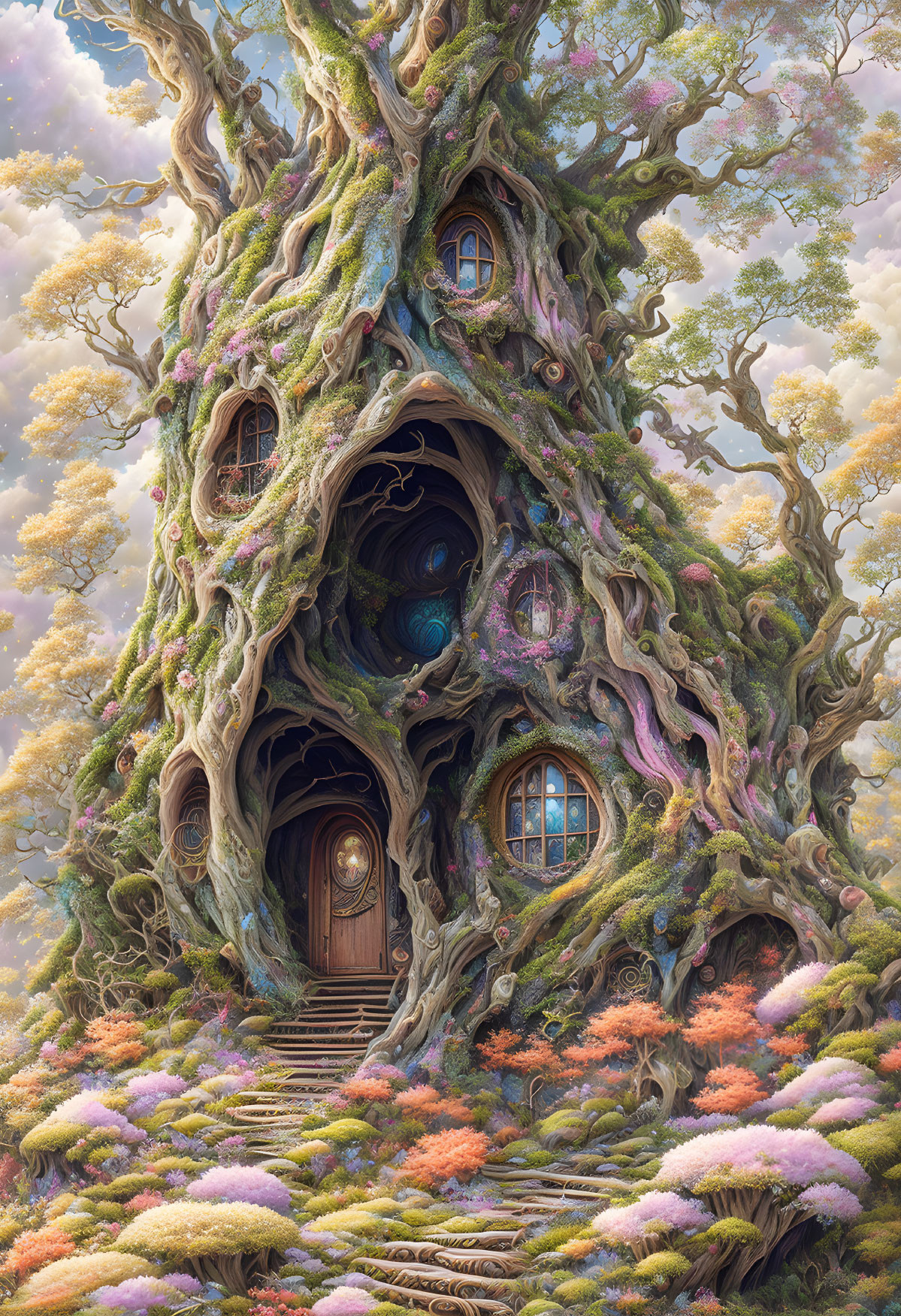 Illustration of magical treehouse in whimsical forest