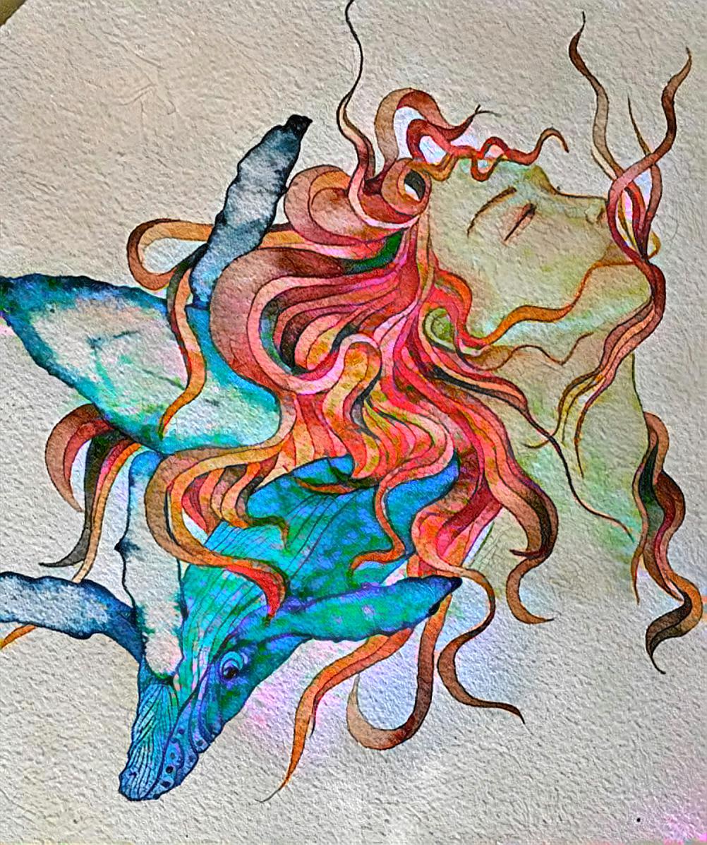 Watercolor woman and whales 