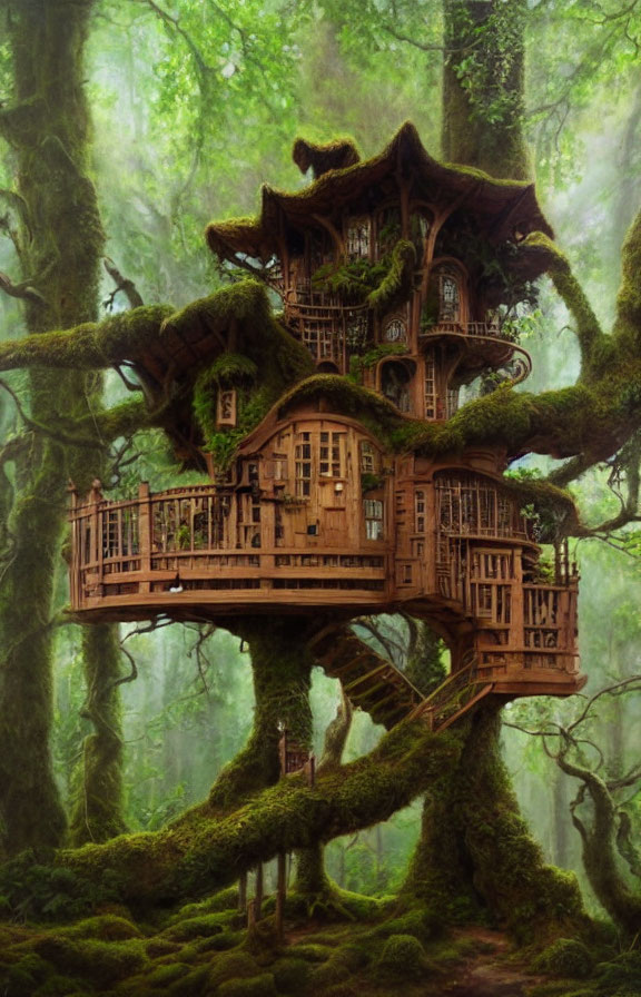 Elaborate Wooden Treehouse in Ancient Tree's Branches