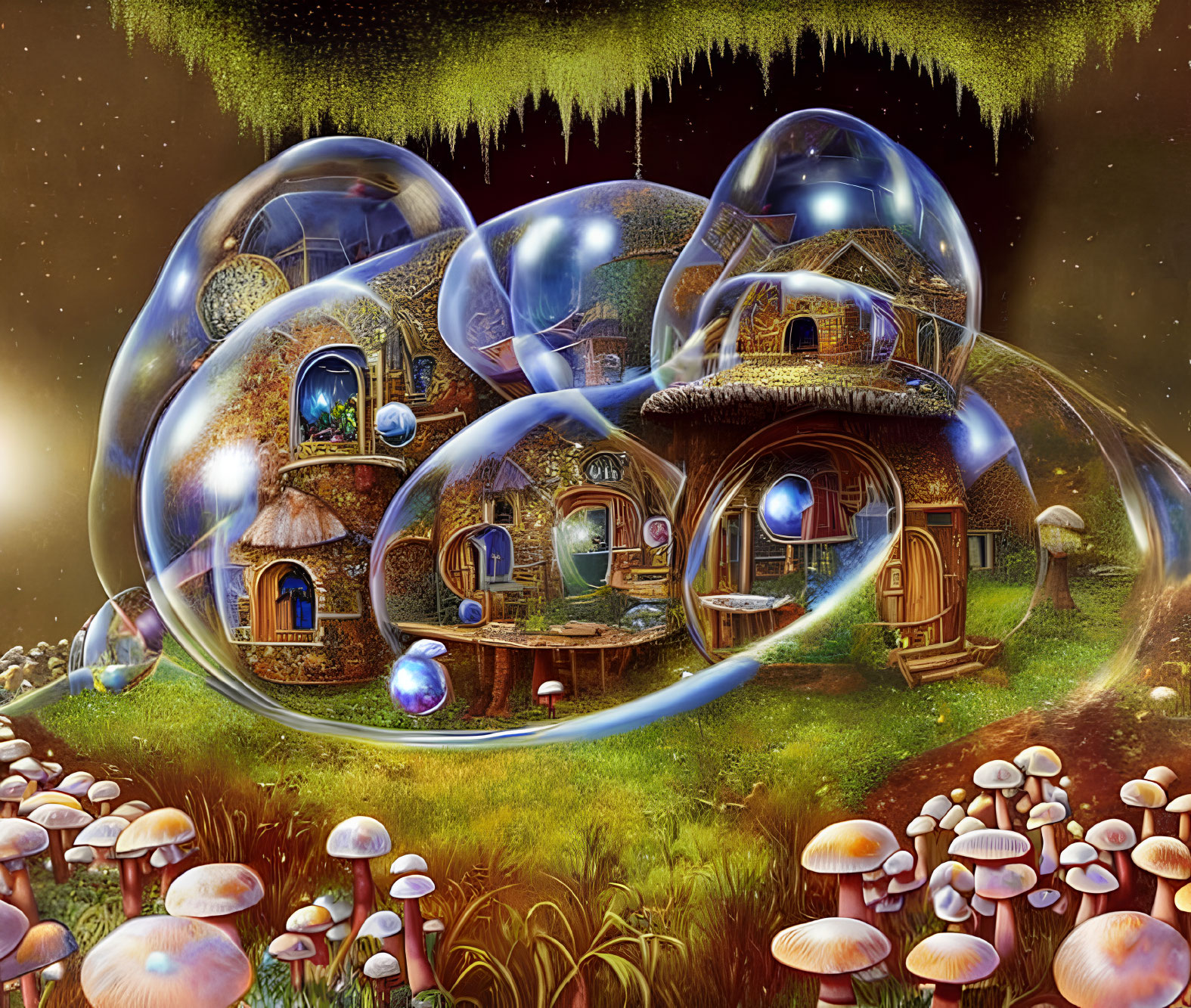Whimsical digital artwork: Cluster of fairy-tale cottages in transparent bubbles surrounded by oversized mushrooms