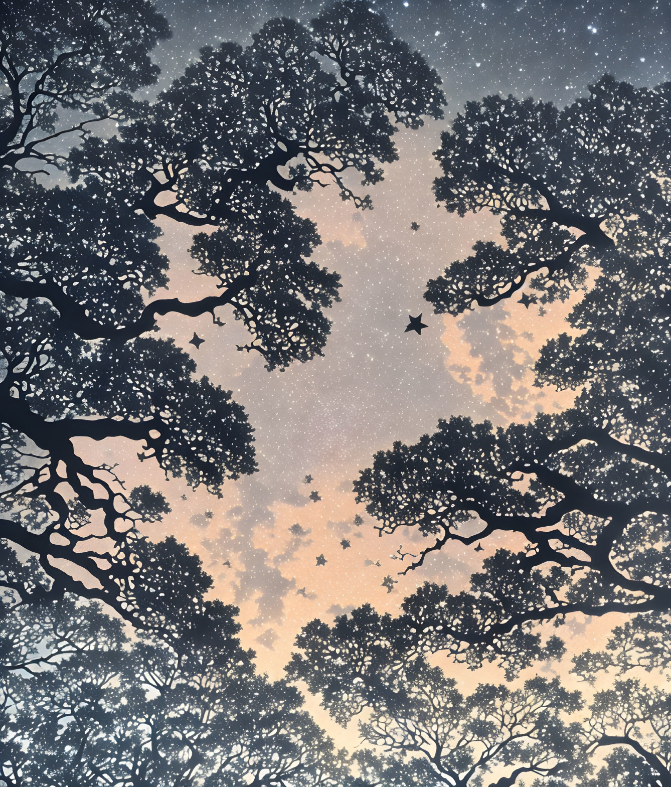 Starry sky through silhouetted tree canopies at twilight.