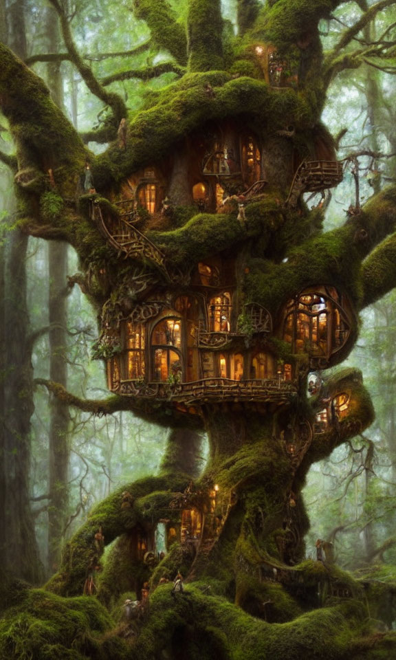 Mystical forest treehouse with multiple windows and balconies