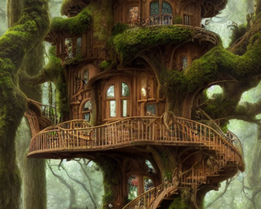 Multi-level treehouse with winding staircases in enchanted forest