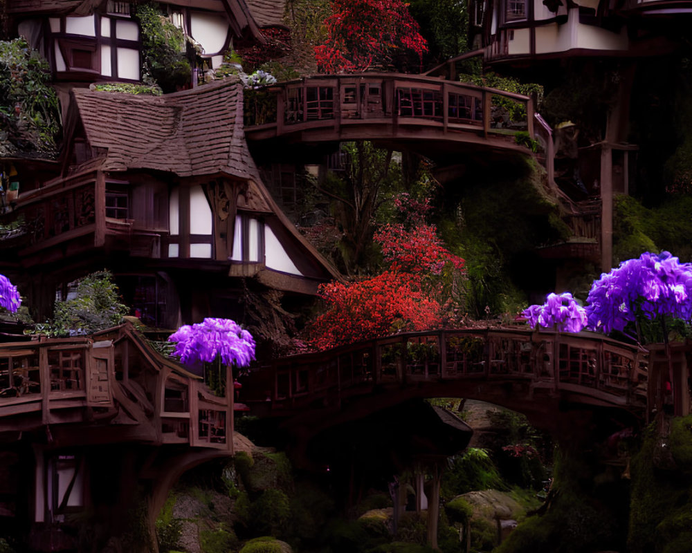 Traditional Half-Timbered Houses and Arched Bridge in Serene Fairy Tale Setting