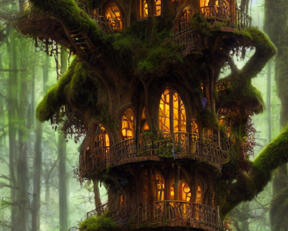 Enchanting treehouse with warm lights in moss-covered tree in misty forest