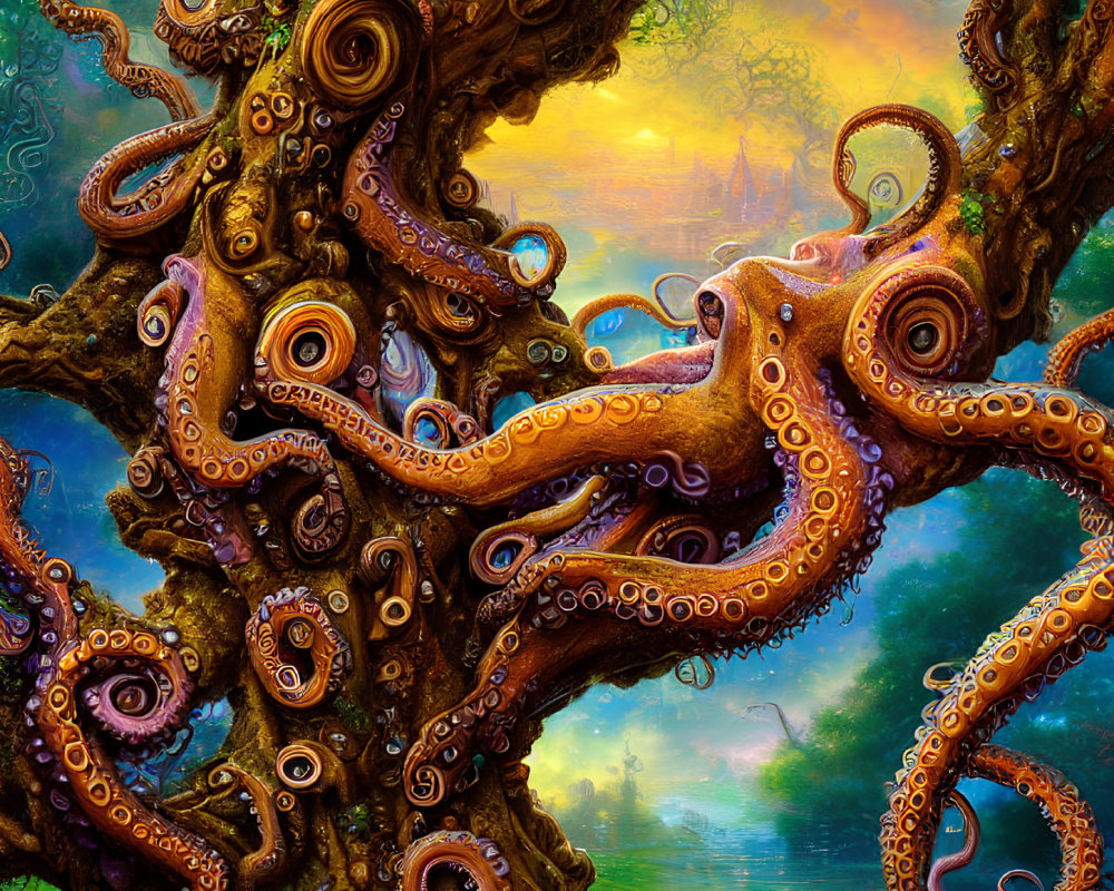 Vivid fantasy art: giant octopus and mystical tree in colorful forest