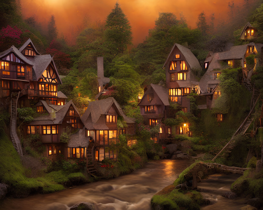 Enchanting village scene with cozy cottages by river at sunset