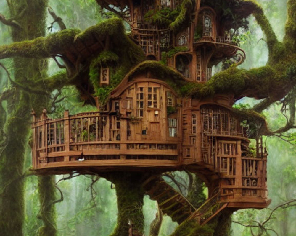 Elaborate Wooden Treehouse in Ancient Tree's Branches