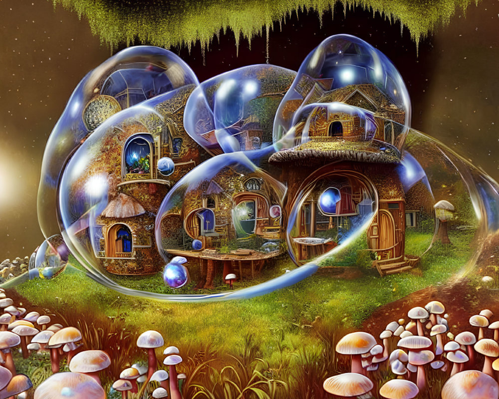 Whimsical digital artwork: Cluster of fairy-tale cottages in transparent bubbles surrounded by oversized mushrooms