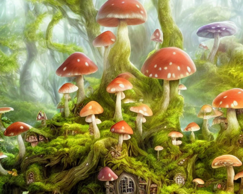 Vibrant red and purple mushrooms in enchanted forest scene