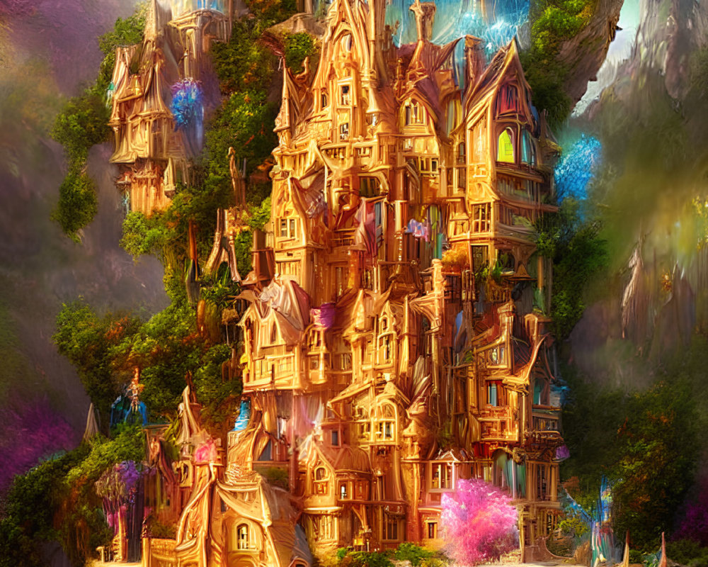 Towering tree with whimsical houses in lush greenery and mystical surroundings