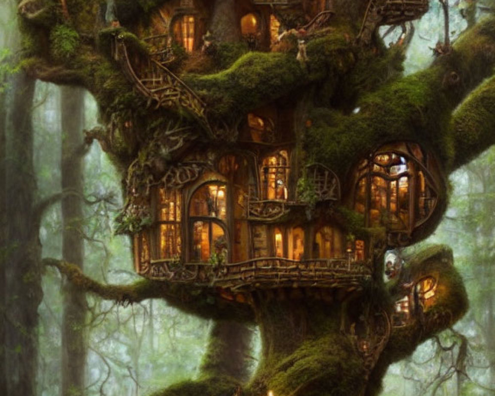 Mystical forest treehouse with multiple windows and balconies