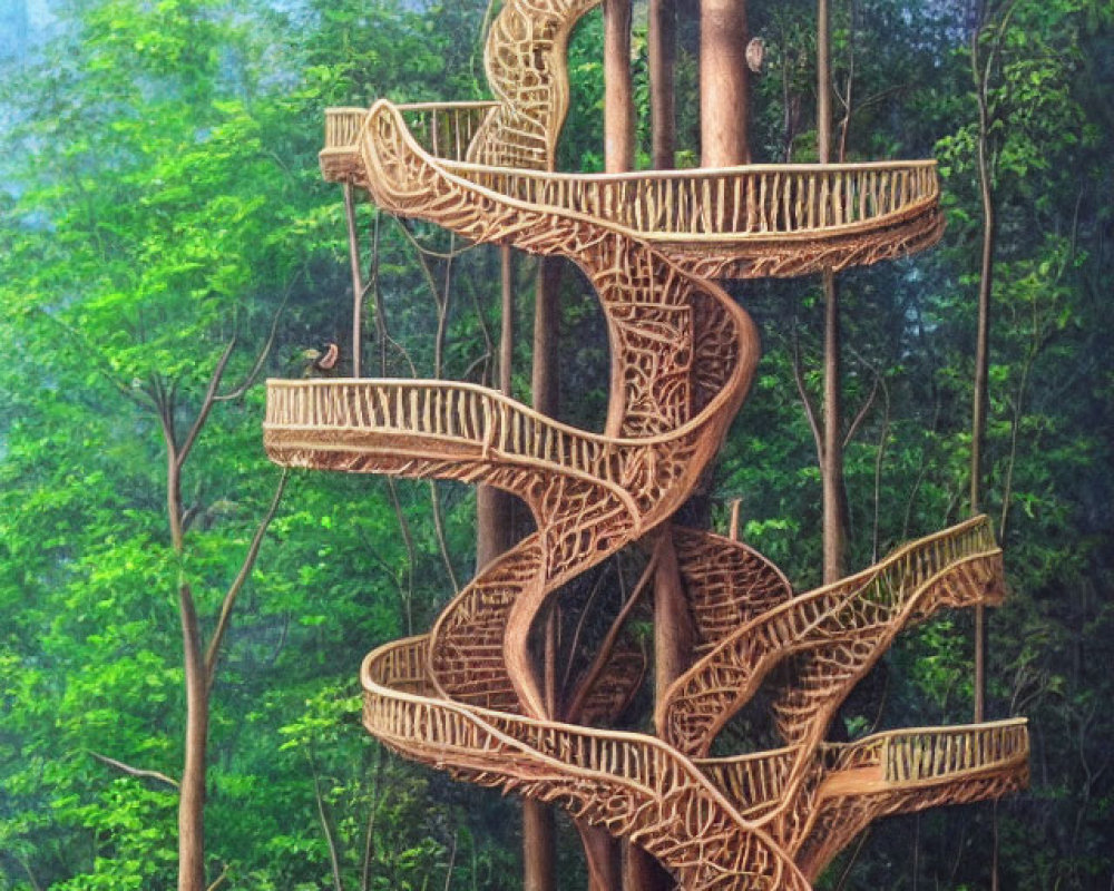 Spiraling wooden staircase around tree trunk in lush forest