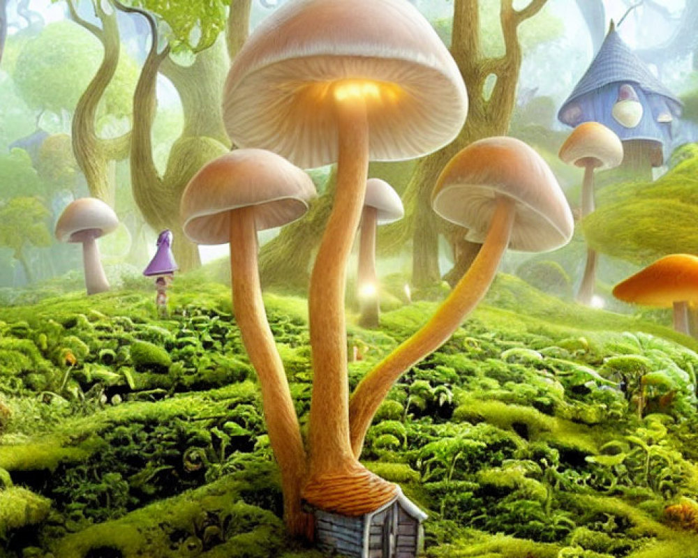 Enchanting forest with oversized mushrooms, twisted trees, cottage, and figure in purple cloak