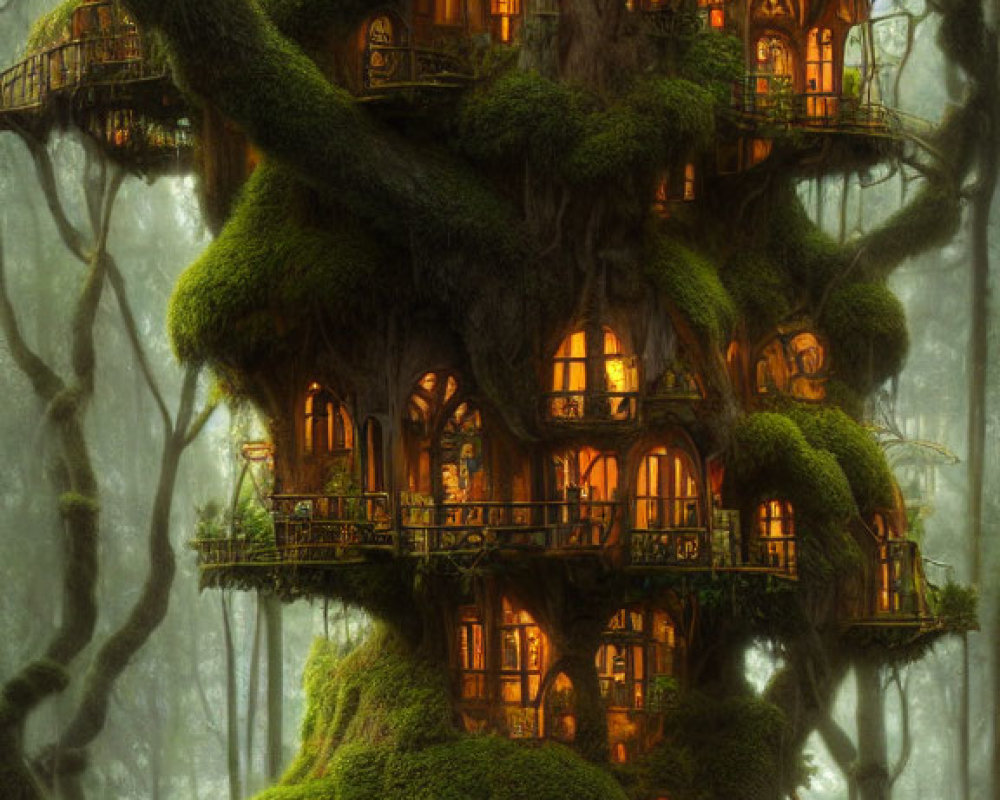 Enchanting treehouse with glowing windows in moss-covered tree